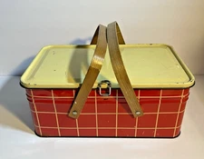 Vintage 1940s Red Check Metal & Wood Handles Picnic Basket