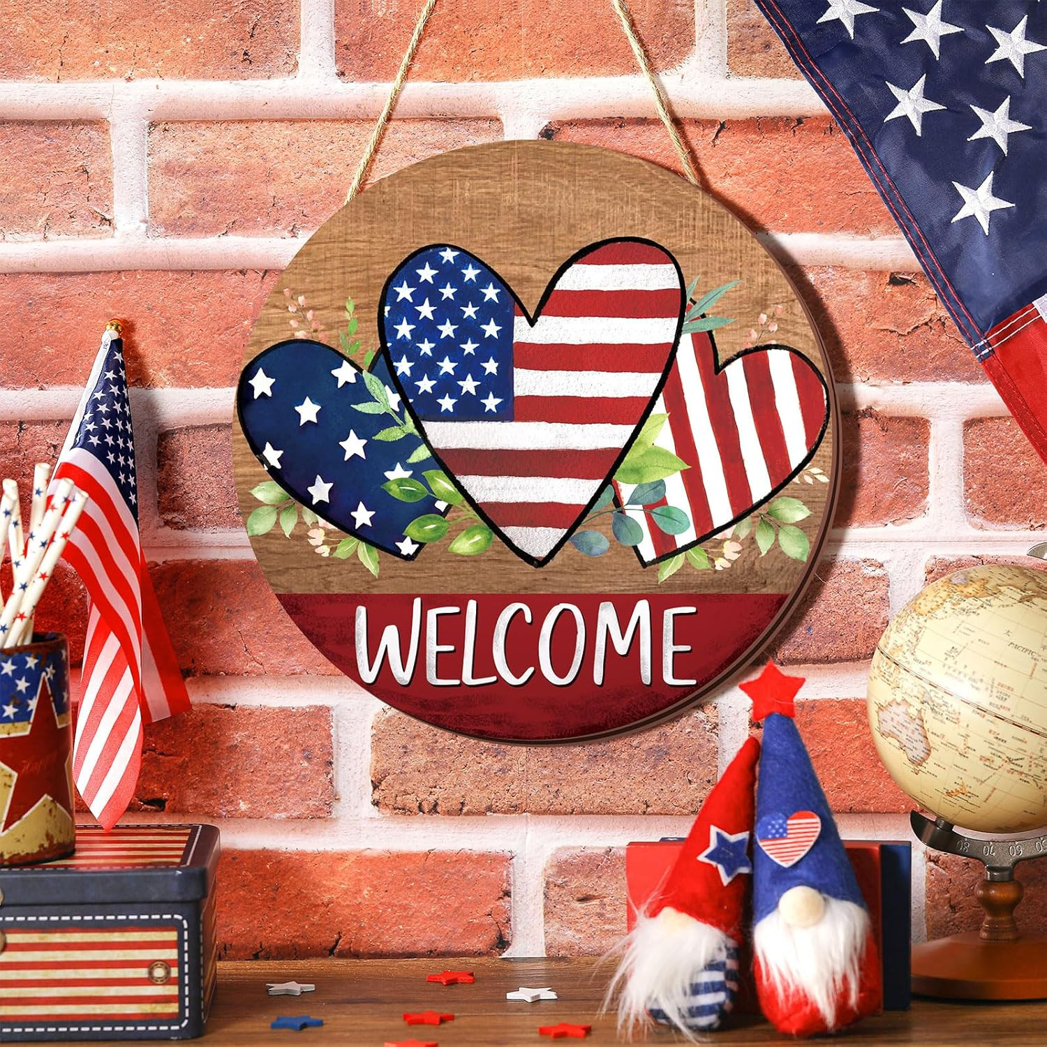 как выглядит 4Th of July Wooden Hanging Door Sign Patriotic Heart Welcome Sign Independence D фото