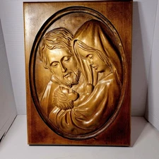 Wooden Wall Plaque With Carved Holy Family Design Religious Home Decor