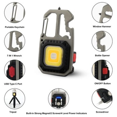 1* USB Rechargeable LED COB Work Light Mini Keychain Torch with Magnet & 7 Modes