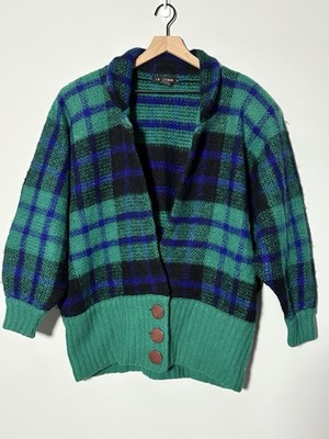 I.B. Diffusion Vintage Cardigan Green Black Plaid Wool Mohair 80s 90s Medium