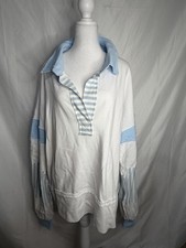 Chicsoul.com Women's 3XL Plus White Blue Striped Collared Oversized Sweatshirt
