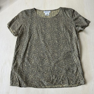 Vintage Saville Sport By Rena Rowan Blouse Womens 8 Brown Geometric Scoop Neck