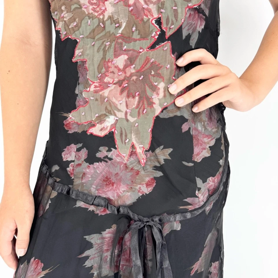 Vintage NWT Deadstock Whimsigoth Rene Derby Silk Beaded Floral Midi Dress Sz 10 - Image 3 of 4