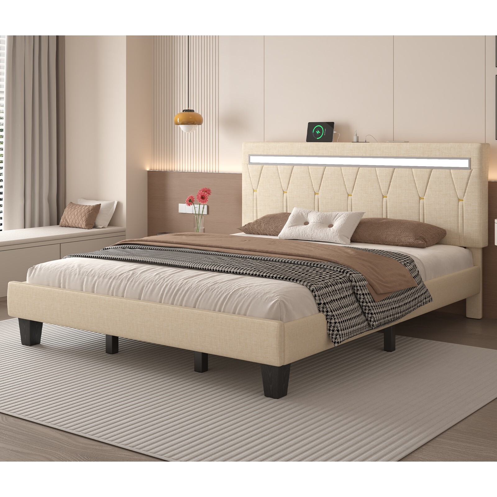 Bed Frame Full/Queen/King with Faux Leather Adjustable Headboard and LED Lights-image