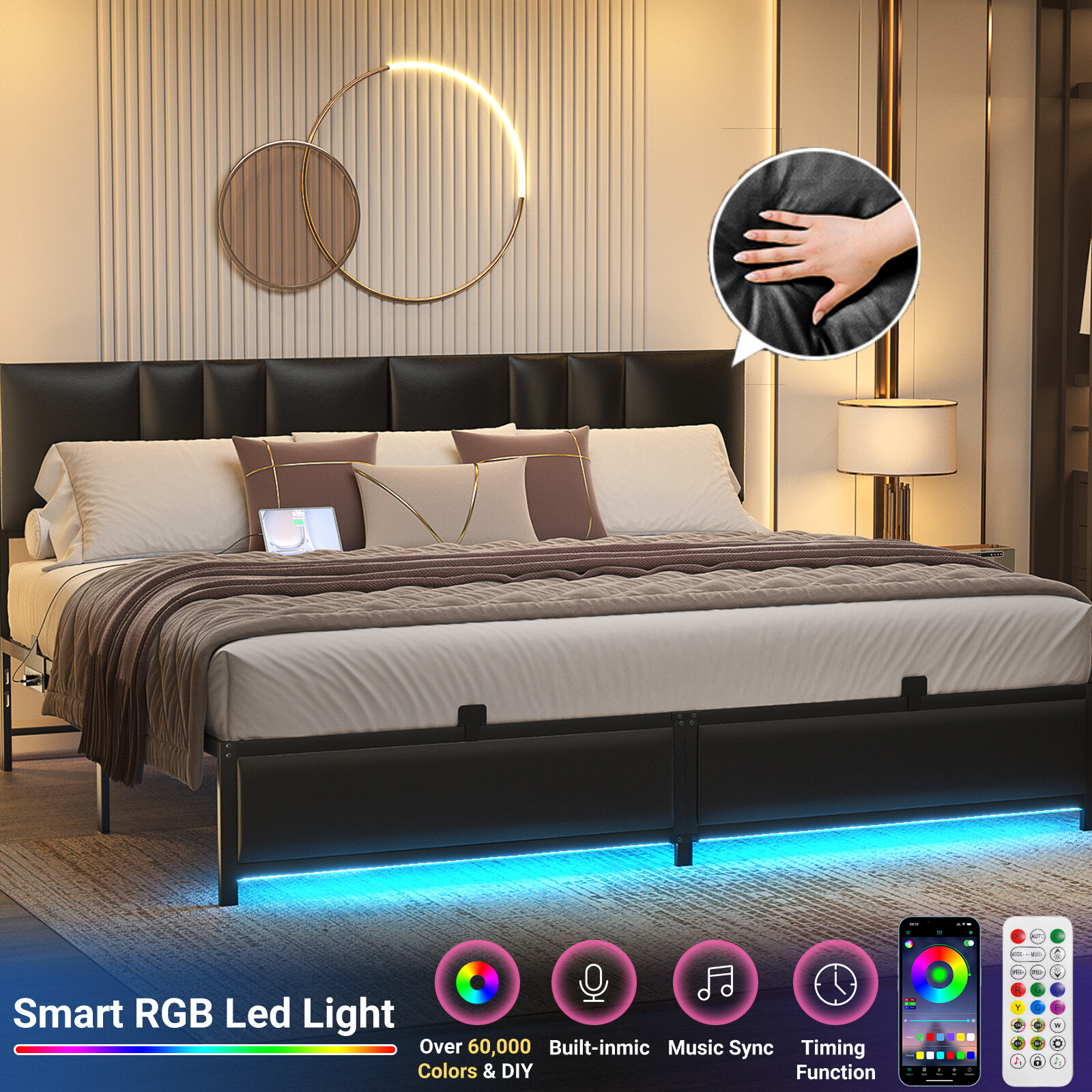 Bed Frame Platform Twin/Full/Queen/King Size w/ Adjustable Upholstered Headboard-image