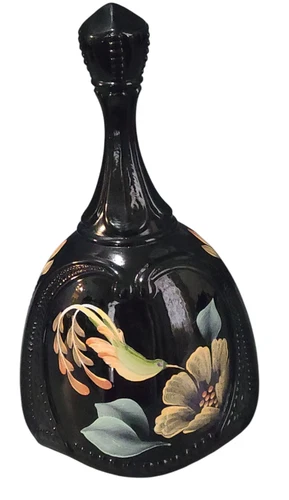 Vintage Hand Painted Floral Bird Black Fenton Glass Bell Marked