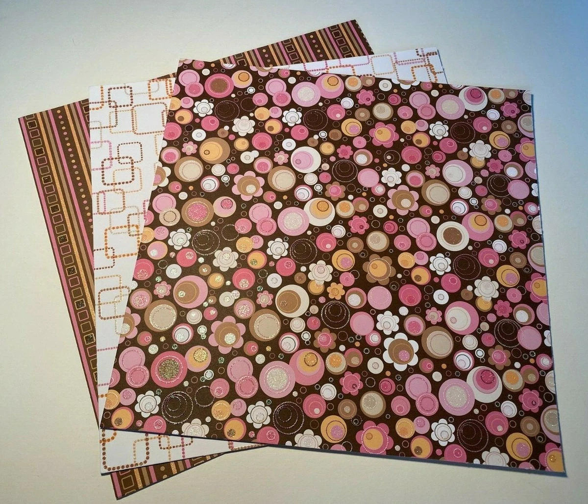 Scrapbook Paper 3 Sheets Set 12 Sq. *GLITTER* MOD RETRO FLOWERS PINK BROWN