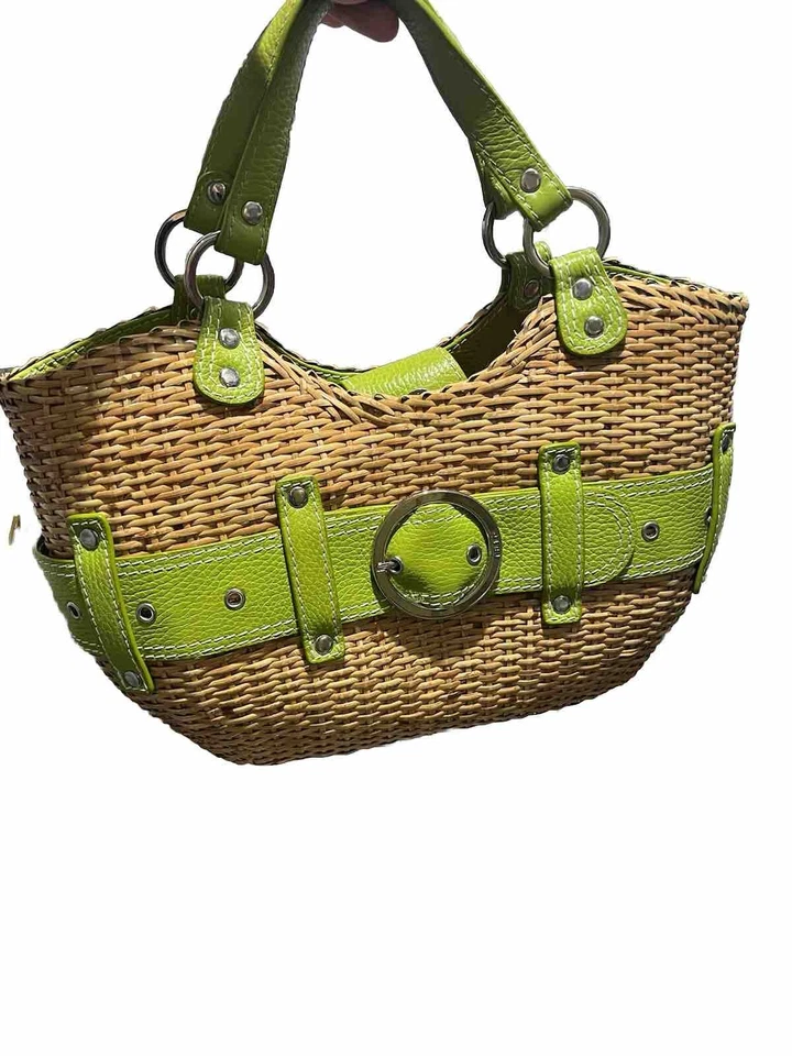 RAFE 皮革装饰竹制单肩包草绿色棕色包 B000487 — 第 4/4 张图片