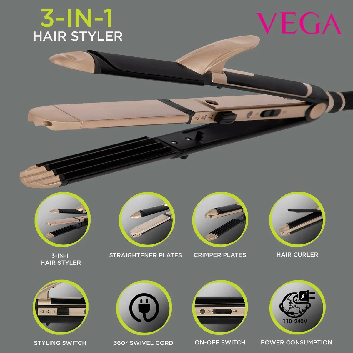 Vega hair straightener with clearance curler