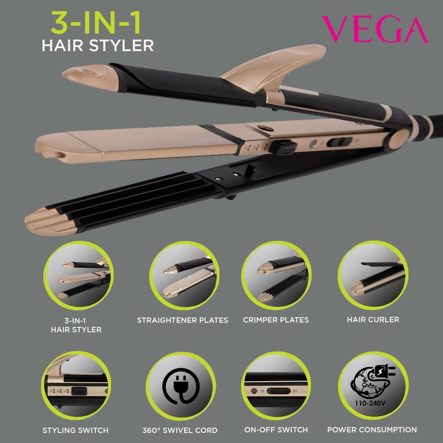 VEGA 3 in 1 Hair Styler - Straightener, Curler and Crimper (VHSCC-01),  Black | eBay
