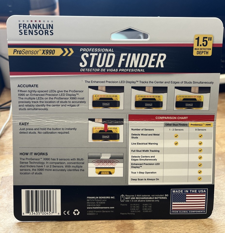 Franklin Sensors ProSensor X990 Professional Stud Finder 1.5" Depth 9