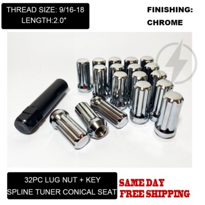 32Pc +Key Chrome Spline Acorn Lug Nuts XL 2'' 9/16-18 Fits Chevy C20 C30 K20 K30