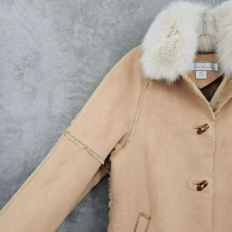 1 Madison Coat S Tan Brown Fox Fur Suede Feel Penny Lane Boho Toggle Embroidered - Image 4 of 4