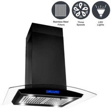 30in Island Mount Range Hood 900CFM 3-Speed Tempered Glass Touch Panel Black New