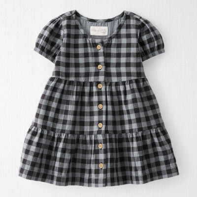 LITTLE PLANET CARTERS Baby Girl 3M Organic Cotton Dress Plaid Gray Short NWT