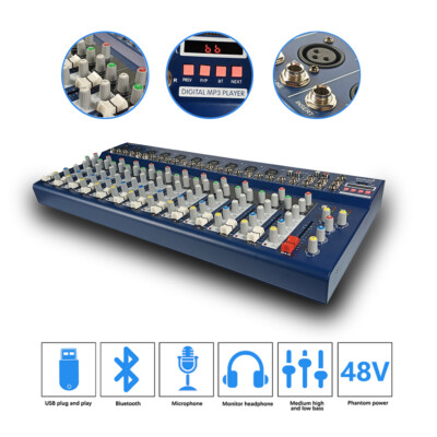 Professional 14-Channel Studio Mixing Console DJ Audio Mixer W/ BT USB MP3 Mixer