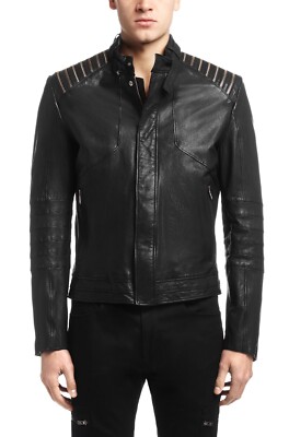 Men Biker Leather Motorcycle Genuine Black Bomber Leather Jacket XS-2XL FB447