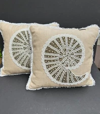 Coastal Collection Nautical Beach Beaded Seashell Pillow 12x12 Neutral