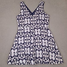 GAP Linen Fit & Flare Dress Womens 18 Navy Blue White Abstract Sleeveless V-Neck