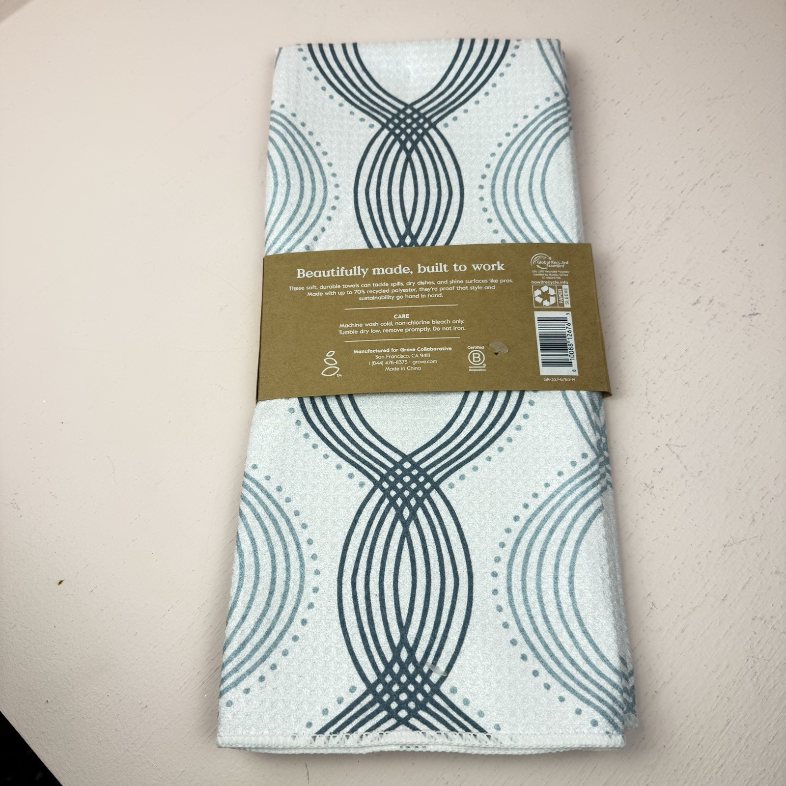 Grove Co. Waffle Weave Kitchen Towels Set of 2 Teal Blue Wavy Lines NEW