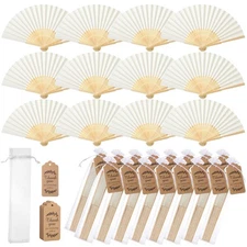 50 Pack Handmade Paper Folding Fans with Gift Bags Thank You Card, Bamboo Han...