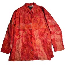 Vtg 1990s Chico's Red Orange 100 Silk Floral Embroidered Button Up Jacket 1 M