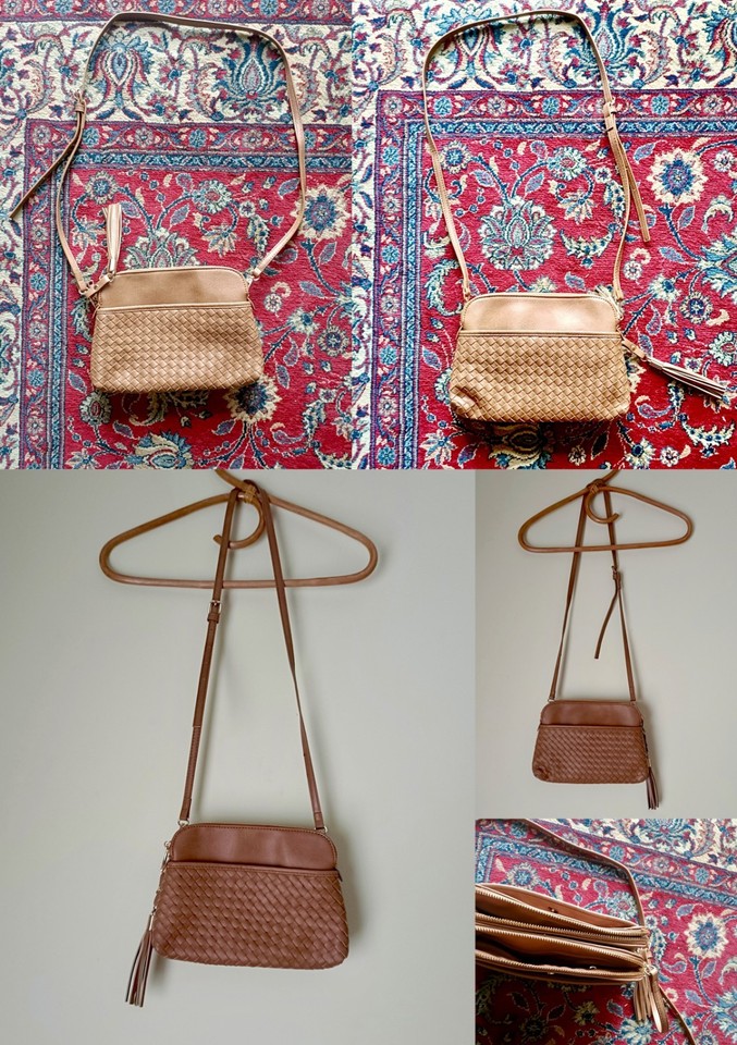 SPORTSGIRL | Bottega-Style Woven Design Cross Body Bag in Tan
