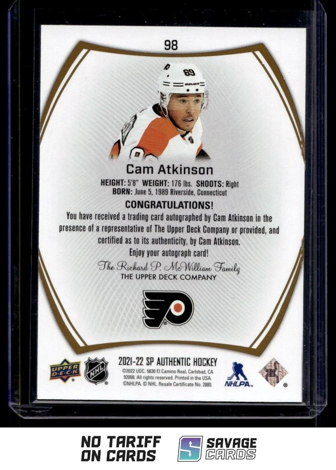 2021-22 SP Authentic Auto Limited Cam Atkinson #98 Philadelphia Flyers - Image 2 of 3