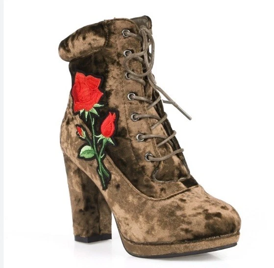 Brown Crushed Velvet Gothic Chunky Booties 7 Embroidered #steampunk  #gothic - Image 2 of 4