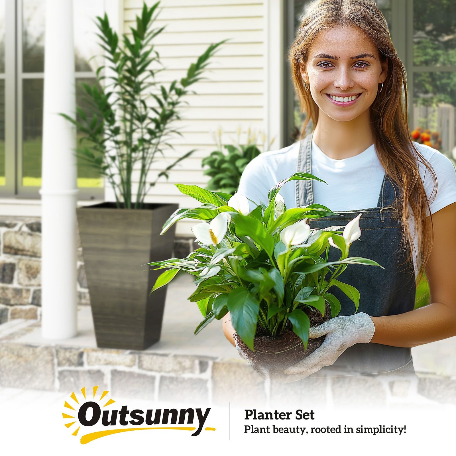 Outsunny Set of 3 Tall Planters, 28" Outdoor Planter w/ Drainage Holes, Faux Woo