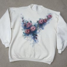Vtg Hand Painted Floral Sweatshirt Crewneck Pullover White Flowers Roses