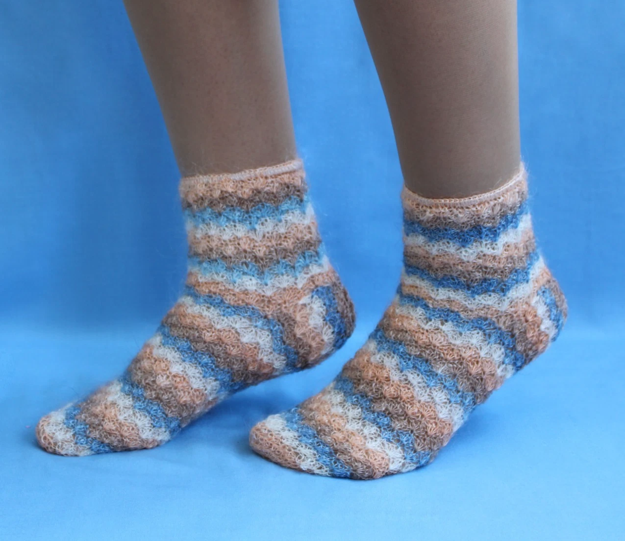 Colorful striped crochet goat wool women's socks, Warm boot socks, Foot warmers