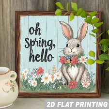 2D 1P 8 8 Bunny with Floral "Hello Spring" Wooden Frame Sign Happy Easter Decor