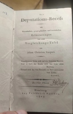 Gaspari: Der Deputations-Receß 1805   Erstausgabe beim Verlag Perthes, Hamburg