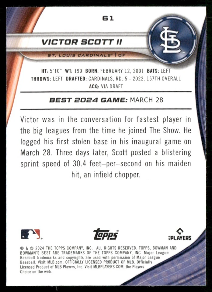 2024 BOWMAN'S BEST VICTOR SCOTT II RC ST. LOUIS CARDINALS #61 - Image 2 of 2