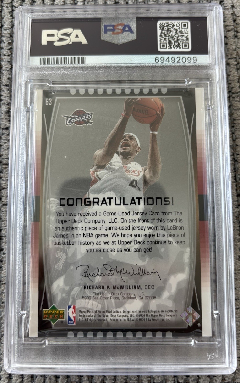 2004-05 SP Game Used Jersey LeBron James #63 PSA 8 NM Graded Card Rookie Jersey view 3