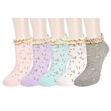 Ruffle Ankle Socks for Women Girls Cute Frilly 5 Pack-lace Top Little Flower