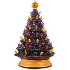 15" Pre-Lit Halloween Tree, Ceramic Tabletop Decor with Lights, Pumpkin and Star