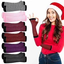  6 Pairs Winter Striped Women Arm Warmers Long Fingerless Gloves Stretchy Arm 