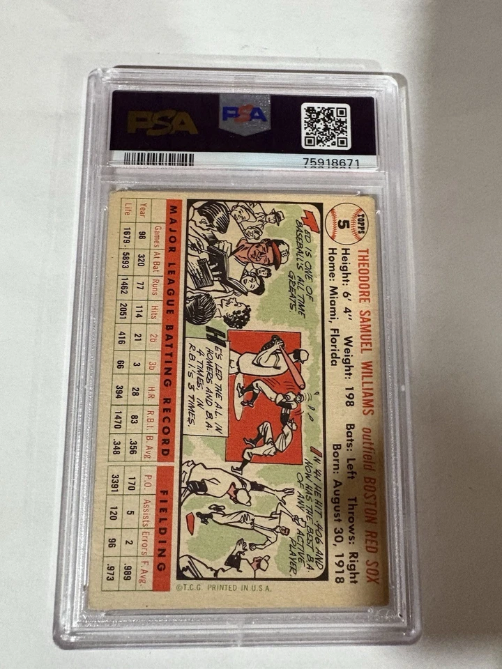1956 Topps No5 Ted Williams White Back PSA 4 VG-EX HOF Boston Red Sox - Изображение 2 из 2