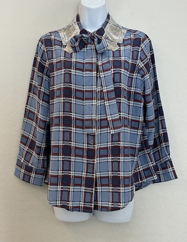 Marc Jacobs Sequined Collar Top Dusty Bordeaux Plaid 8 Button Down Office Siren - Picture 1 of 10
