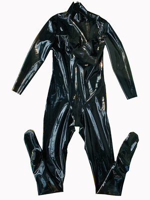 Latex gummi catsuit with socks 3D breast cut women bodysuit back zip