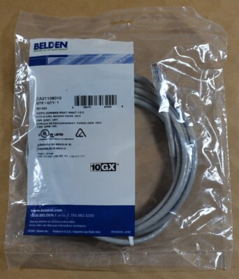 Belden ~10Ft. RJ45 Cat6A Bonded Pair Patchcord ~ 10GX CMR Grey ~ CA21108010