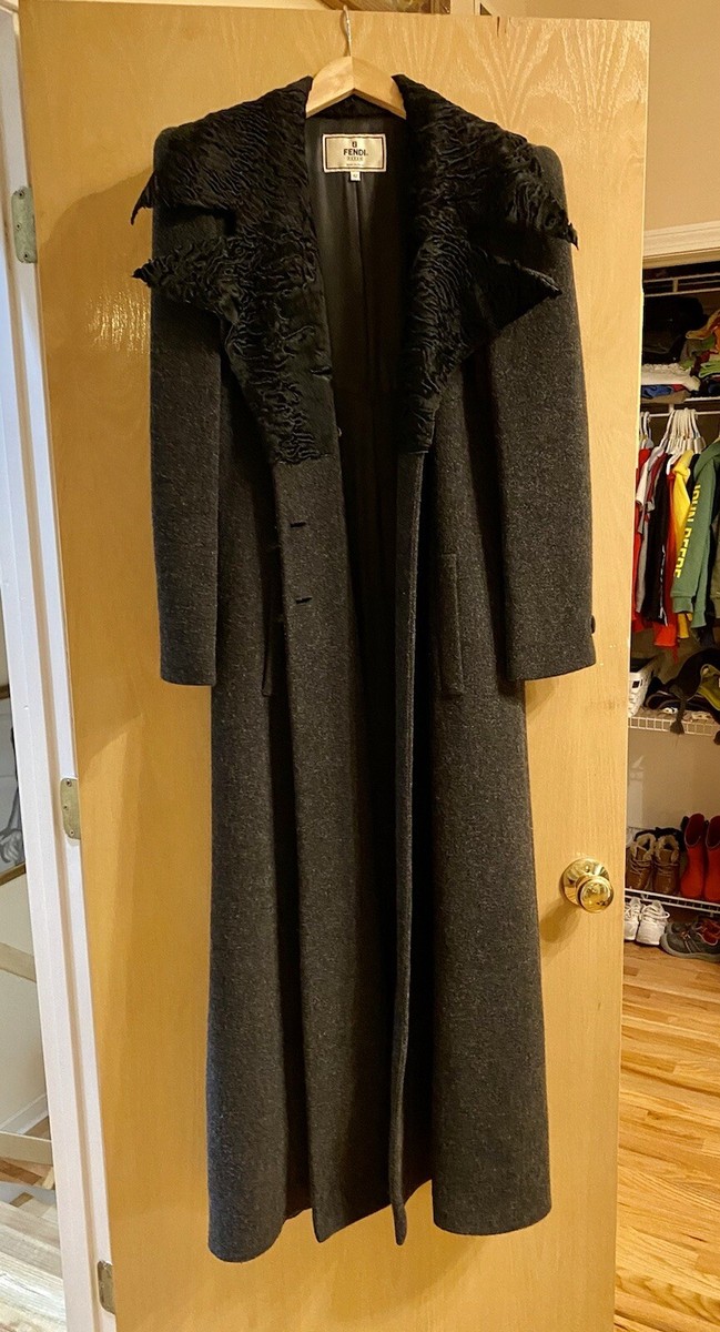 FENDI Vintage Astrakhan fur collar grey virgin wool blend longline