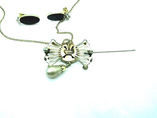 Van Dell Onyx Spray Brooch pendant Necklace Post earring Set Vintage 12kt GF - Bild 3 von 7