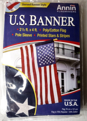 ANNIN FLAGMAKERS 2-1/2' x 4' Poly/Cotton U.S. American Banner Flag w Pole Sleeve