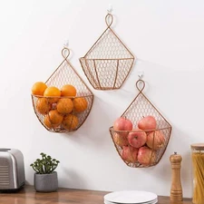 Copper Metal Chicken Wire Wall Hanging Produce Fruit Organizer Baskets, Set of 3