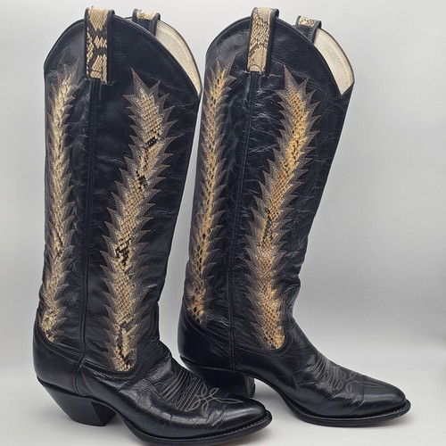 Vintage Larry Mahan Black Snakeskin Knee High Almond Toe Cowgirl Boots Size 7 B - Picture 6 of 14