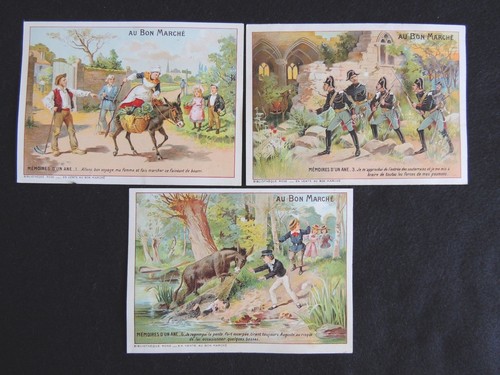 3 Chromos Au bon Marché Mémoire d'un Ane Soldats, paysans, scène de village - Picture 1 of 2